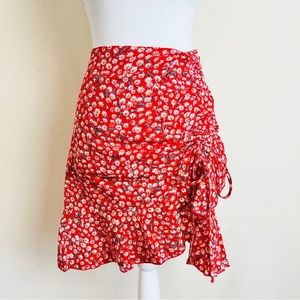 Red Ditsy Floral Ruched Ruffle Ruched Self Tie Chiffon Mini Skirt